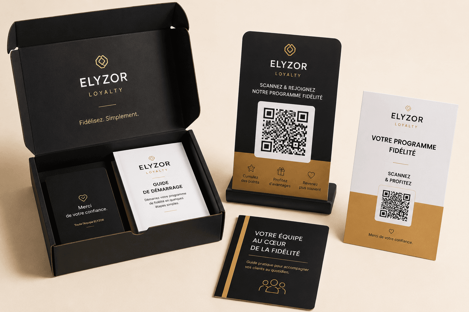 Le kit ELYZOR Loyalty : coffret, support comptoir, affiche et guides