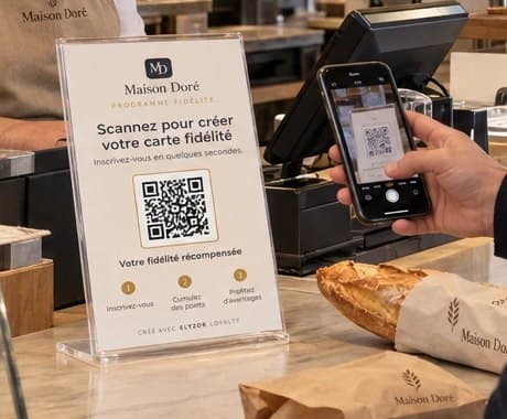 Support QR du programme de fidélité posé sur le comptoir d’une boulangerie, scanné par un client