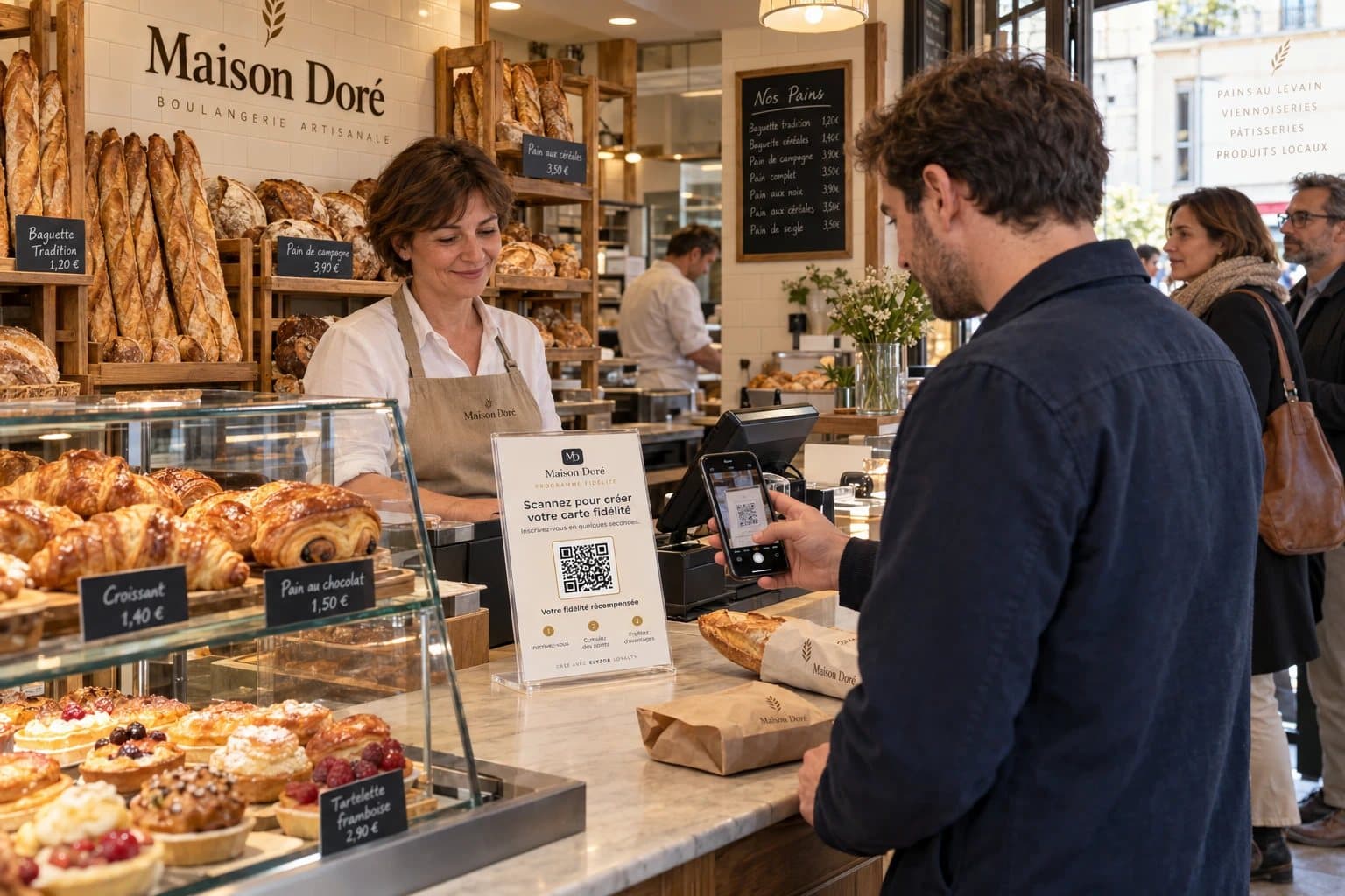 Client scannant le QR code du programme de fidélité ELYZOR au comptoir d’une boulangerie