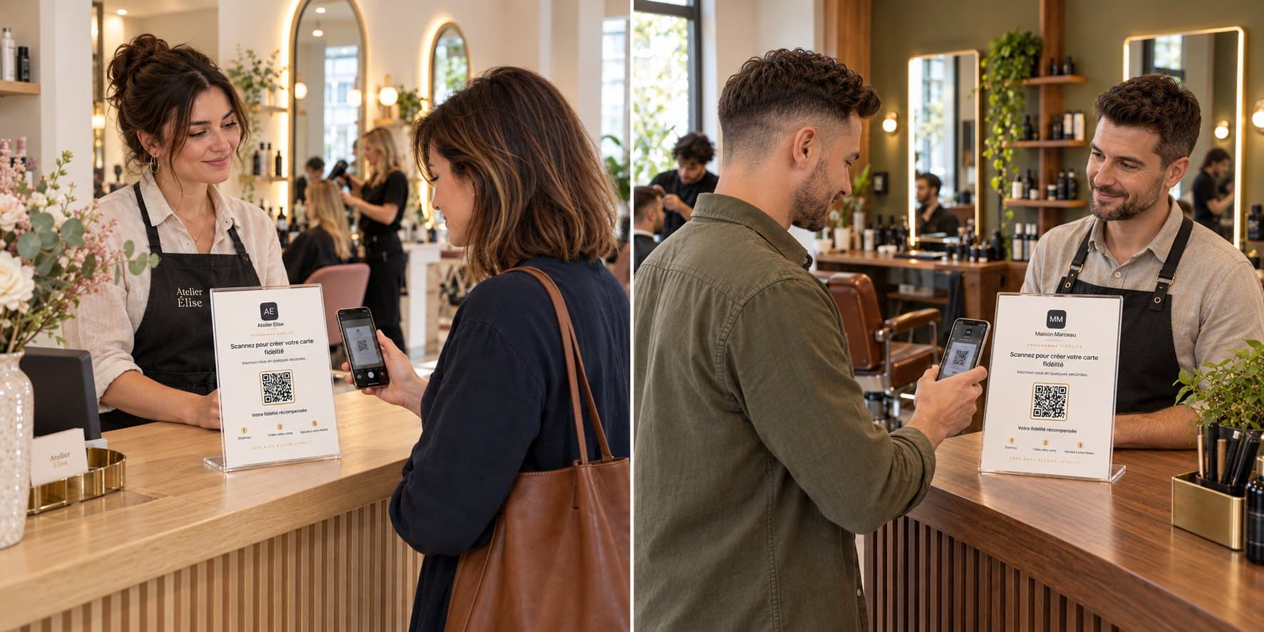 Clients scannant un QR code ELYZOR dans un salon de coiffure mixte