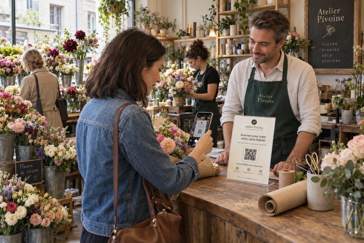 Cliente scannant le QR code du programme de fidélité ELYZOR au comptoir d’un fleuriste