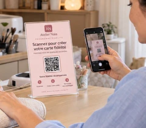 Support QR du programme de fidélité posé sur la table de pose d’une onglerie, scanné par une cliente