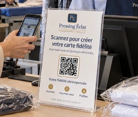 Support QR du programme de fidélité posé sur le comptoir d’un pressing, scanné par une cliente