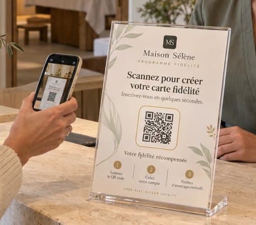 Support QR du programme de fidélité posé sur le comptoir d’accueil d’un spa, scanné par une cliente