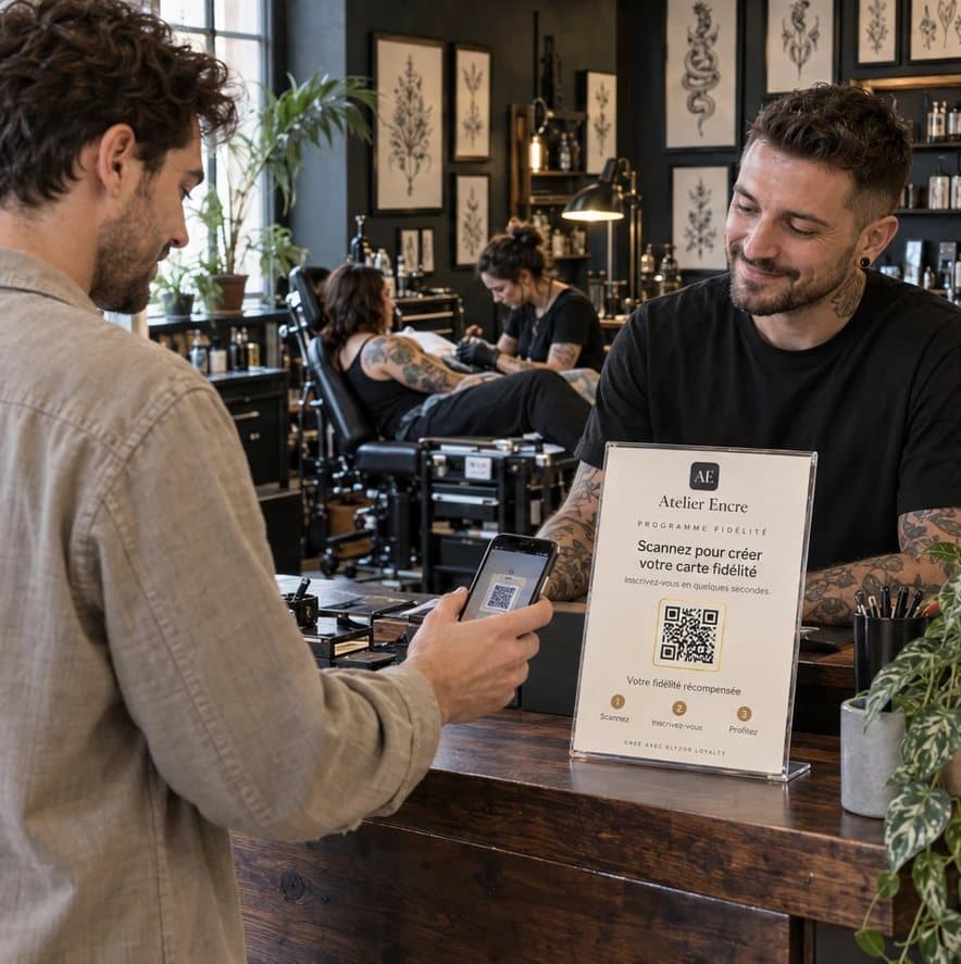 Client scannant le QR code du programme de fidélité au comptoir d’un studio de tatouage